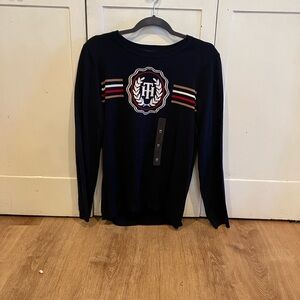 Women’s Tommy Hilfiger Navy Crewneck Sweater with Crest and Multi-Stripe